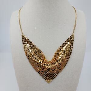Gold Tone Mesh Bib Necklace Retro Glam 10" Drop